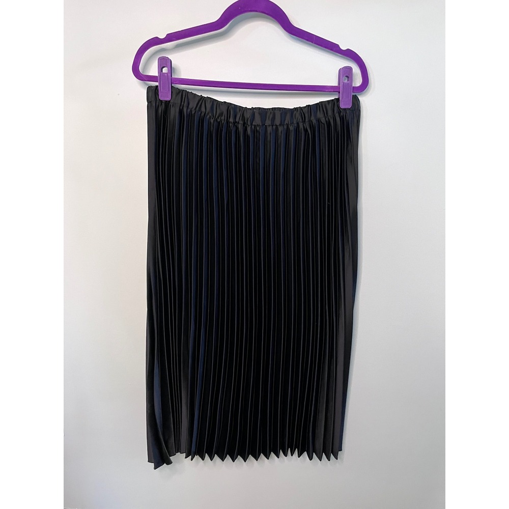 Anne Klein Black Pleated Midi Skirt Elastic Waist Satin Accordion Skirt Womens M